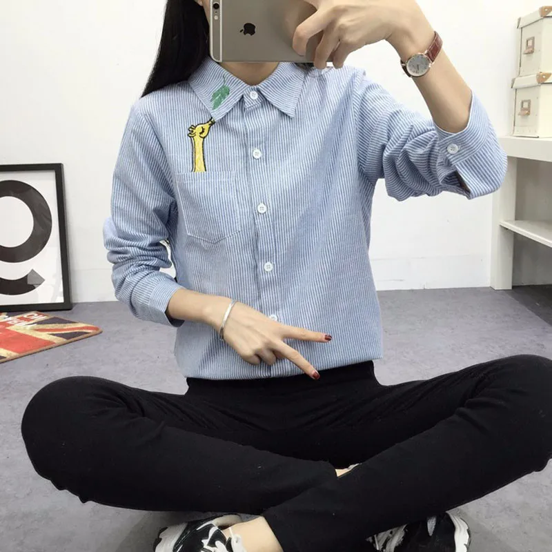 2016 Новая Коллекция Весна и Осень женская Рубашка Блузка Кот Вышивка С Длинным