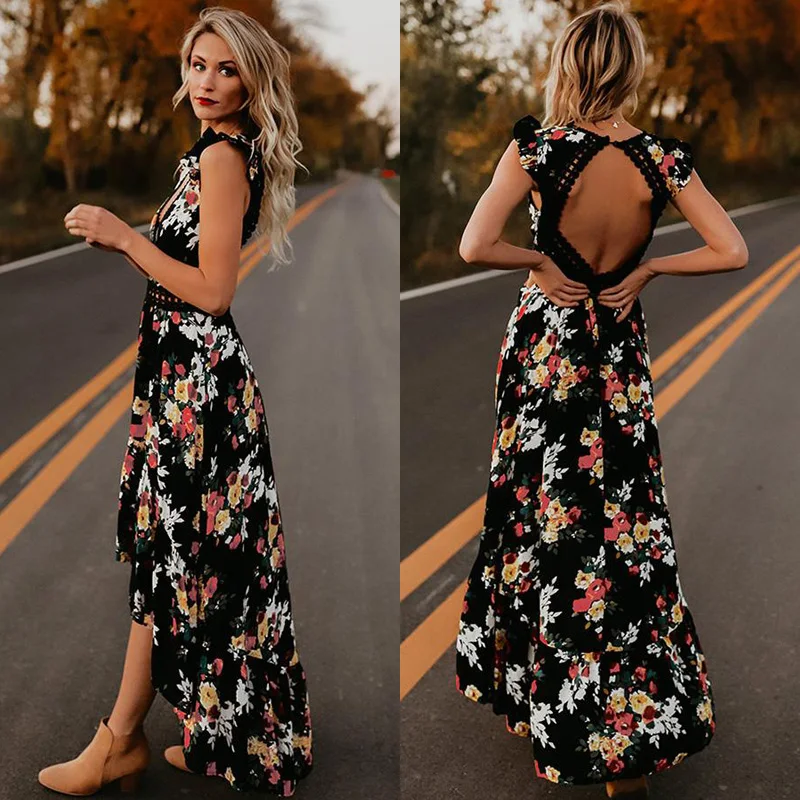 Женское платье с принтом Boho длинное Асимметричное Платье макси глубоким v