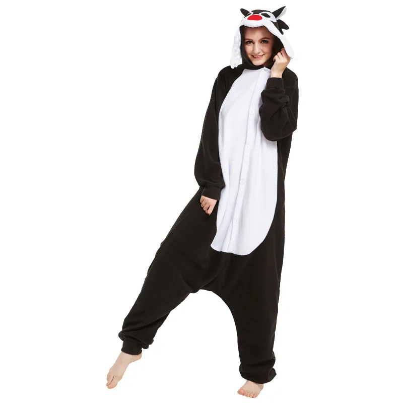 

Cartoon Anime Cute Lovely Silly big cat Onesie Halloween Cosplay Animals Black Cats Wolf Adult fleece Pajamas Sleepwear Jumpsuit