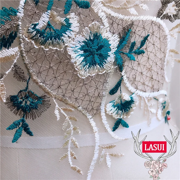 Кружевная аппликация LASUI 43*19 см зеленая и золотая нитка с вышивкой ювелирные