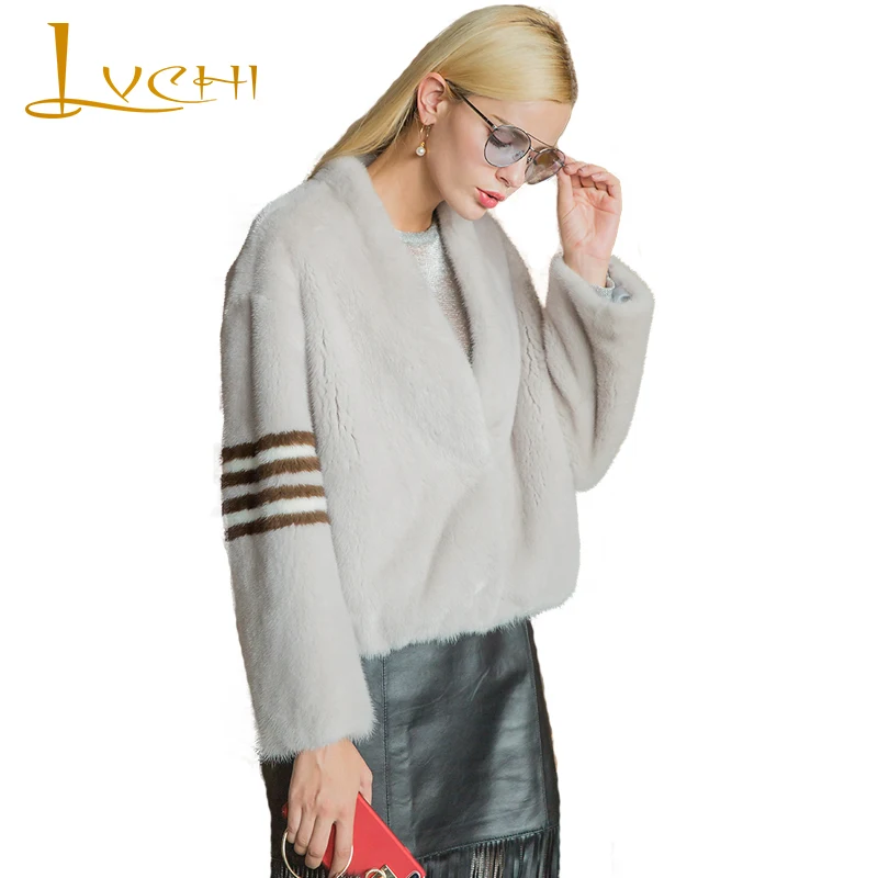 

LVCHI Winter Long Sleeve Striped Copenhagen Mink Coat Real Fur Import Swan Velvet Natural Fur V-Neck Women's Short Mink Coat