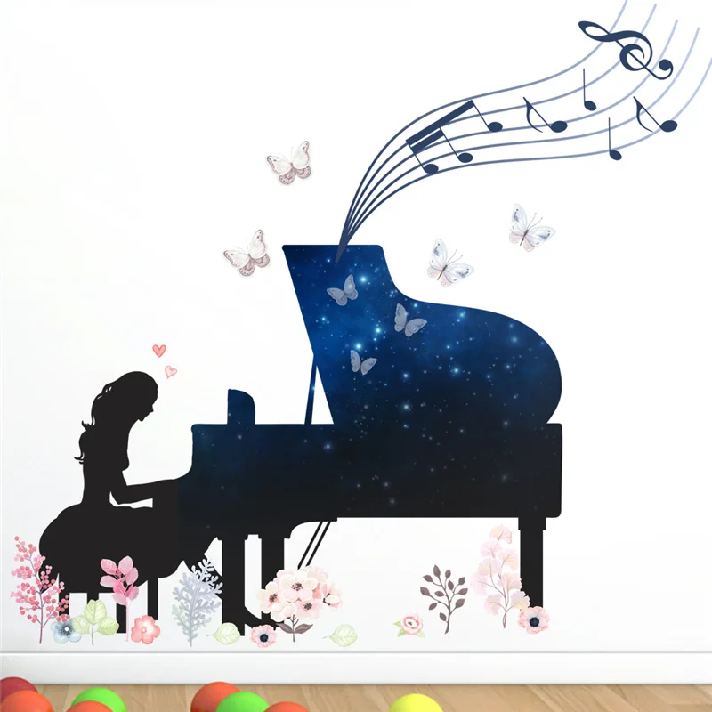 

Piano Girl With Flower Butterfly Wall Stickers For Kids Room Home Decoration Diy Music Theme Mural Art Pvc Wall Decals Poster