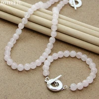 doteffil pink agate 8mm beaded chain 925 sterling silver pendant necklace bracelet set for women wedding engagement jewelry