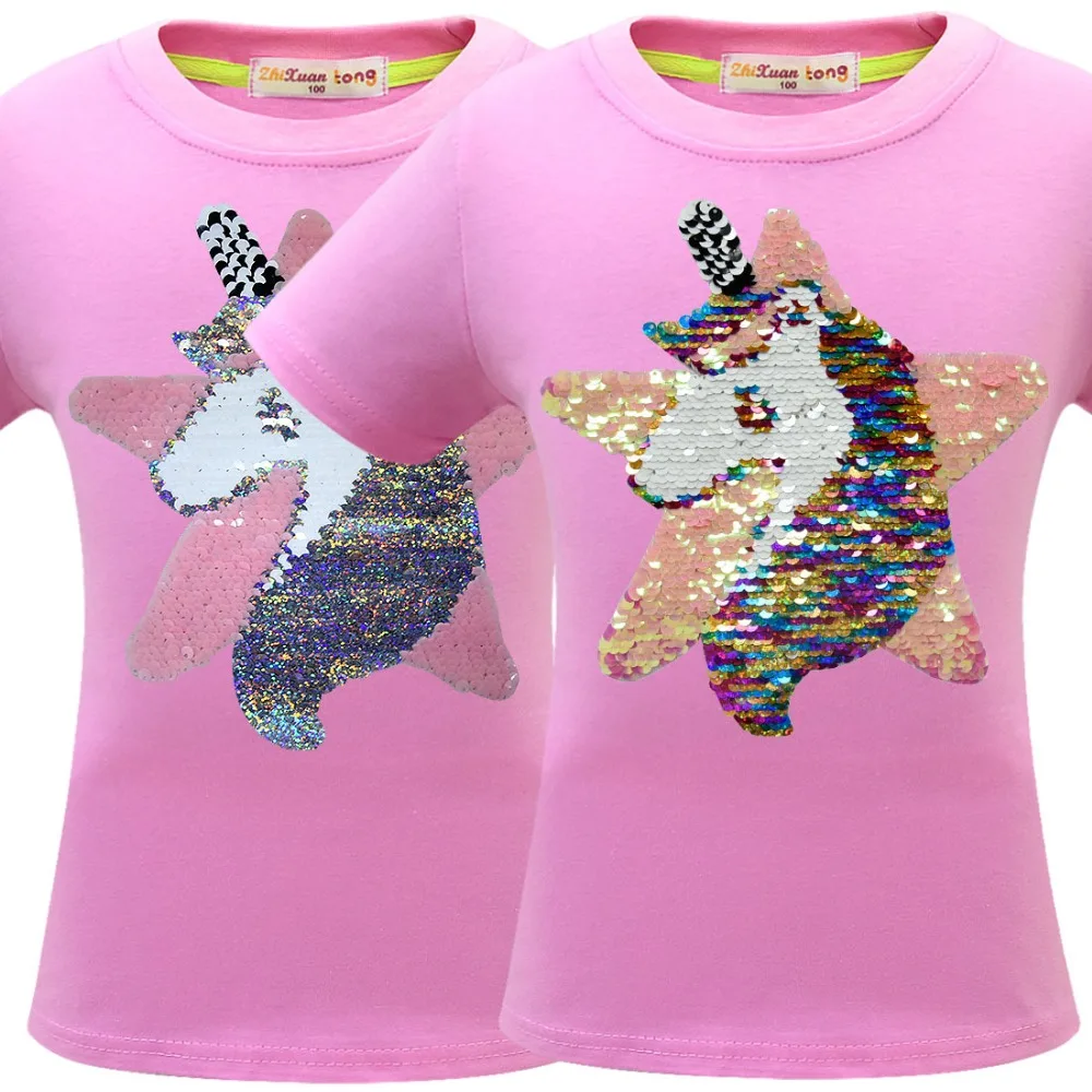 Футболка с единорогом летняя одежда для маленьких девочек Camiseta Unicornio, футболка топы для девочек, Femme, Детская футболка, Enfant, для дня рождения, цветная, с блестками