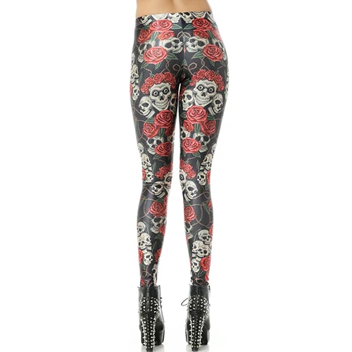 Пикантные Для женщин 3D череп розы Цветочный принт Леггинсы Slim Fit Фитнес