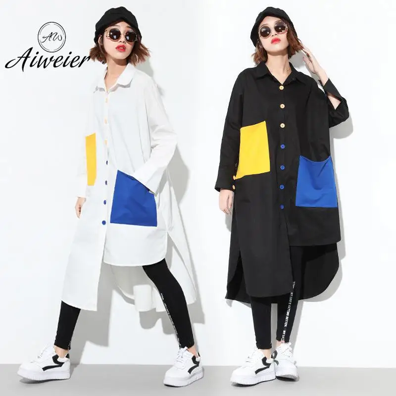 [Aiweier] Plus Size Women's Blouses 2017 Summer Autumn Long Casual Patchwork Cardigan Irregular Cotton White Shirt Tops ZY7615|cotton white