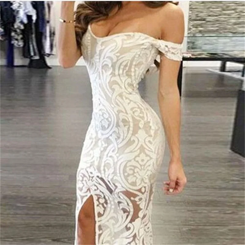 Women Summer Dress 2019 Maxi Dresses For Long Sexy Club Sleeveless V-Neck Party White Lace Hollow Out | Женская одежда