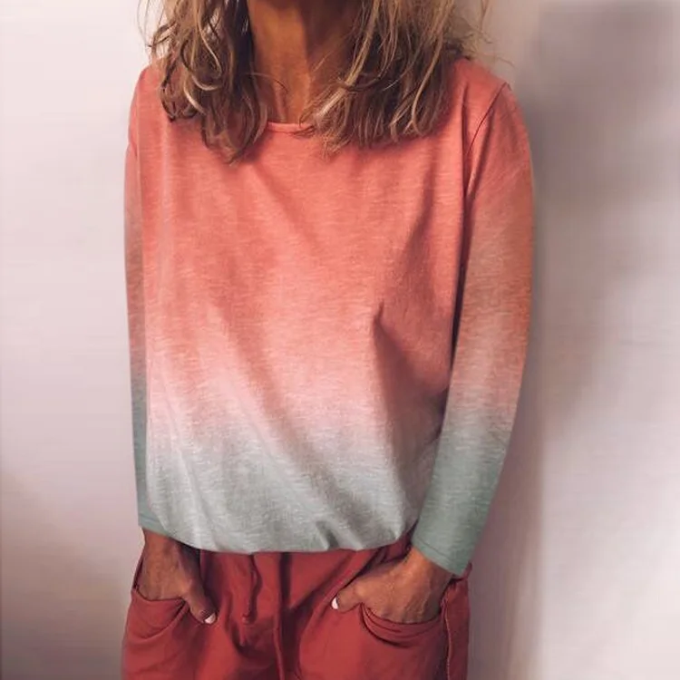 02Long Sleeve Orange Viensta, 29 цветов, модная, градиентная, цветная, с принтом, блузка, рубашка, для женщин, плюс размер, Круглый ворот, летние топы, новинка, короткий рукав, Boho Blusas, 5XL - Цвет: 02Long Sleeve Orange