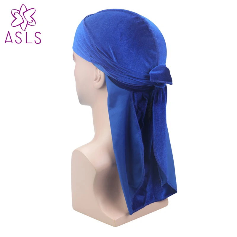 

New Luxury Men's Velvet Durags Bandana Turban Hat Wigs Doo Durag Biker Extra long straps DU-RAG Stitch outside