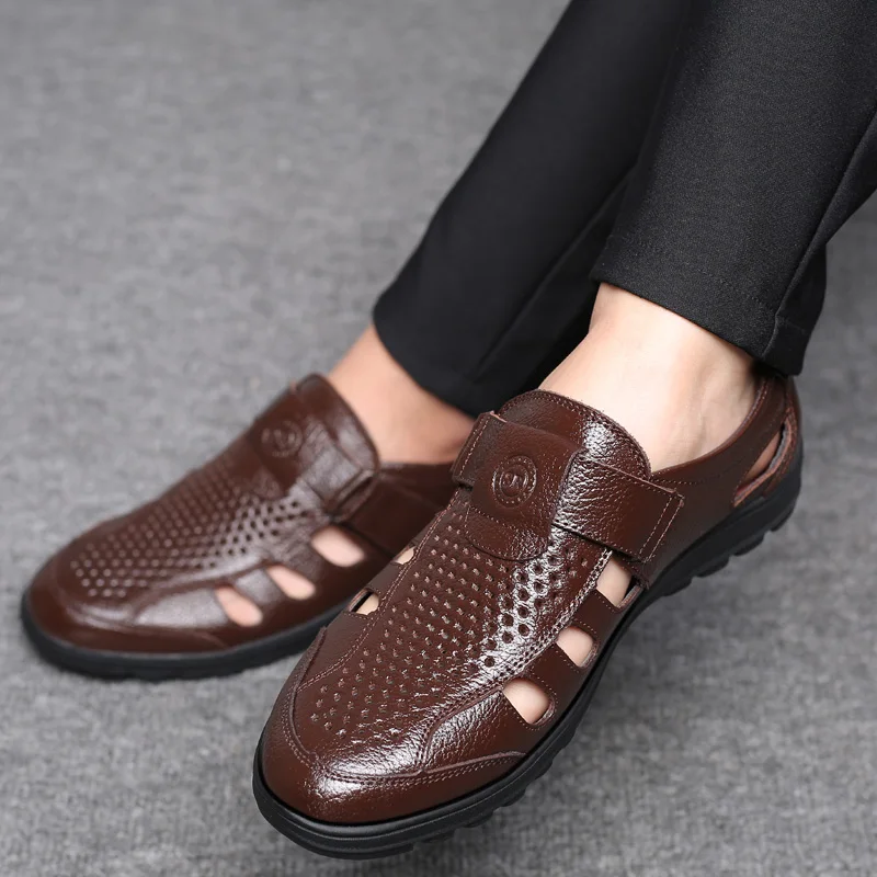 

PHLIY XUAN 2018 Man Sandal Summer Beach Shoes Black/Brown Leather Formal Footwear Men Sandals