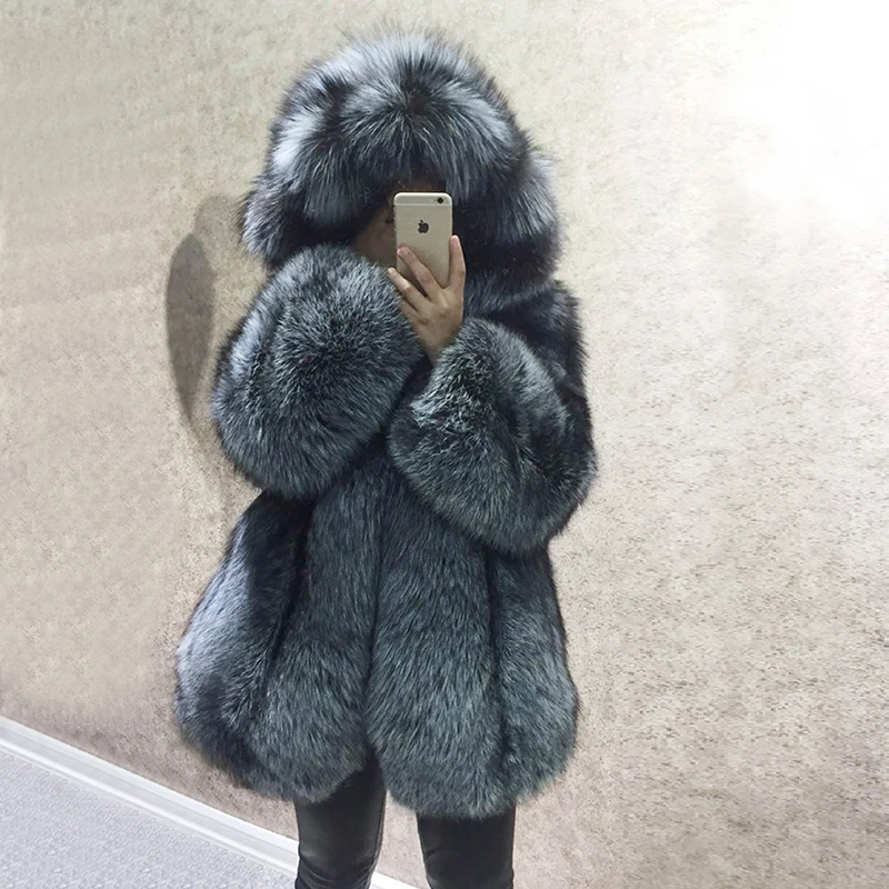 

BFFUR silver real fox fur coat Casual Whole Skin O-Neck Thick Warm Luxury women's winter jacket with natural fur hooded coat