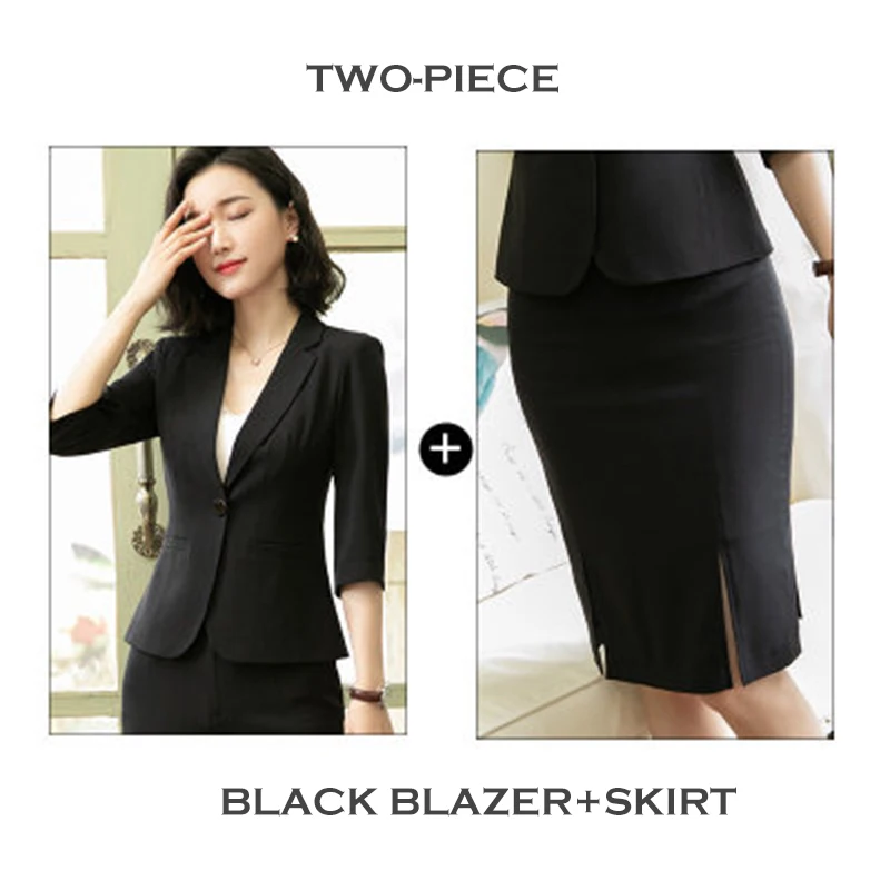 Black blazer-skirt Летние плюс размерные куртки bluco mujer три четверти рукав Блейзер платье комплект из 2 предметов Женская офисная униформа брюки платье костюм для женщин - Цвет: Black blazer-skirt