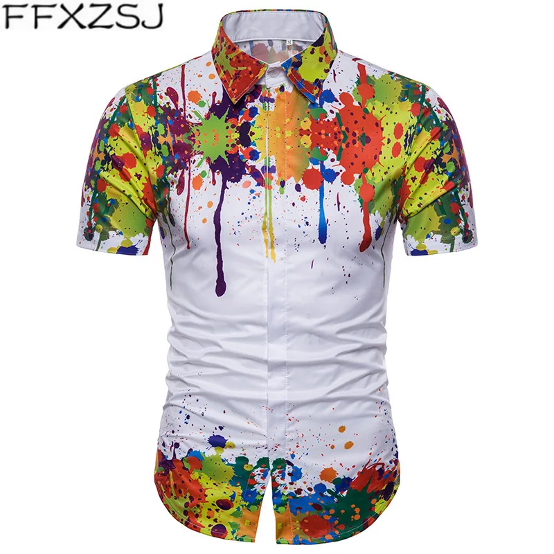 

FFXZSJ Men Shirt Short Sleeve 3D Printed Colorful Splash ink Shirts Summer Casual Shirt For Men Slim Fit New Party Dress Shirt