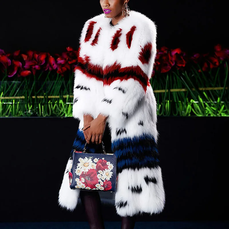 LVCHI Winter 2019 Nine Quarter Real Fox Fur Coats O-Neck Slim Natural Fox Fur Coat Women's Contrast Color Print Medium Fox Coats