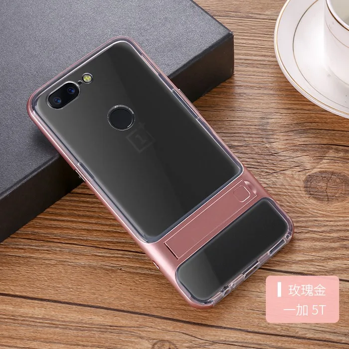 Clear Rose Gold Для Oneplus 5 лет случае 360 Защитный с выдвижной ножкой PC+ TPU ударопрочность держатель чехол для Oneplus 5 T чехол для телефона Coque для Oneplus 3t - Цвет: Clear Rose Gold