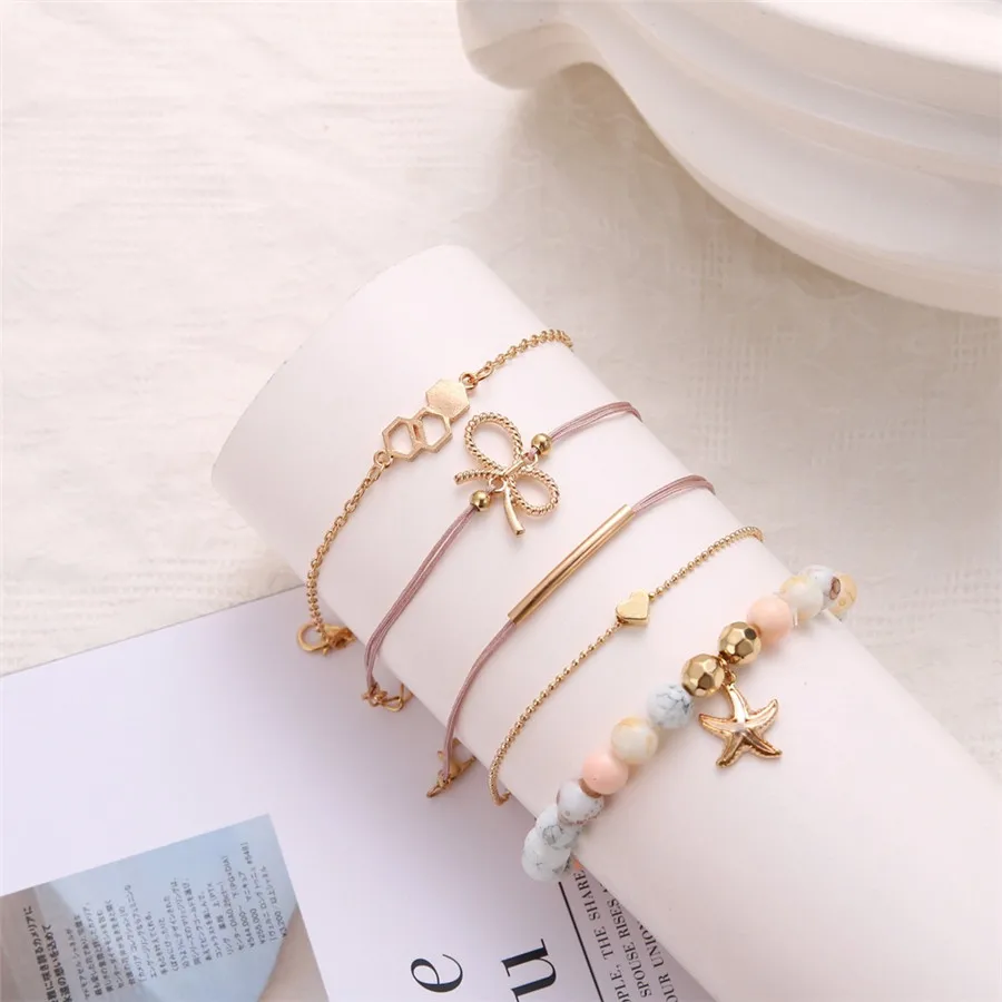 Pulseras Mujer богемные браслеты для женщин розовый камень Tiney Bowknot звезда геометрические эффектные женские