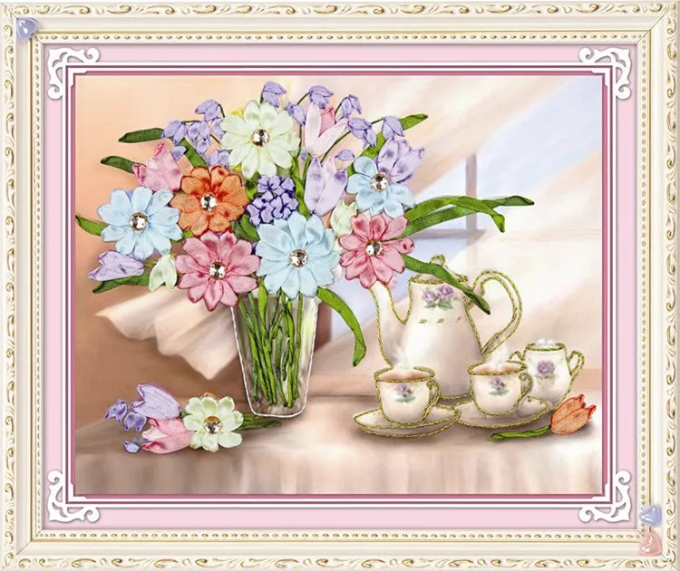 Рукоделие Набор для вышивки крестиком из ленты сделай сам ваза чайника Цветочная