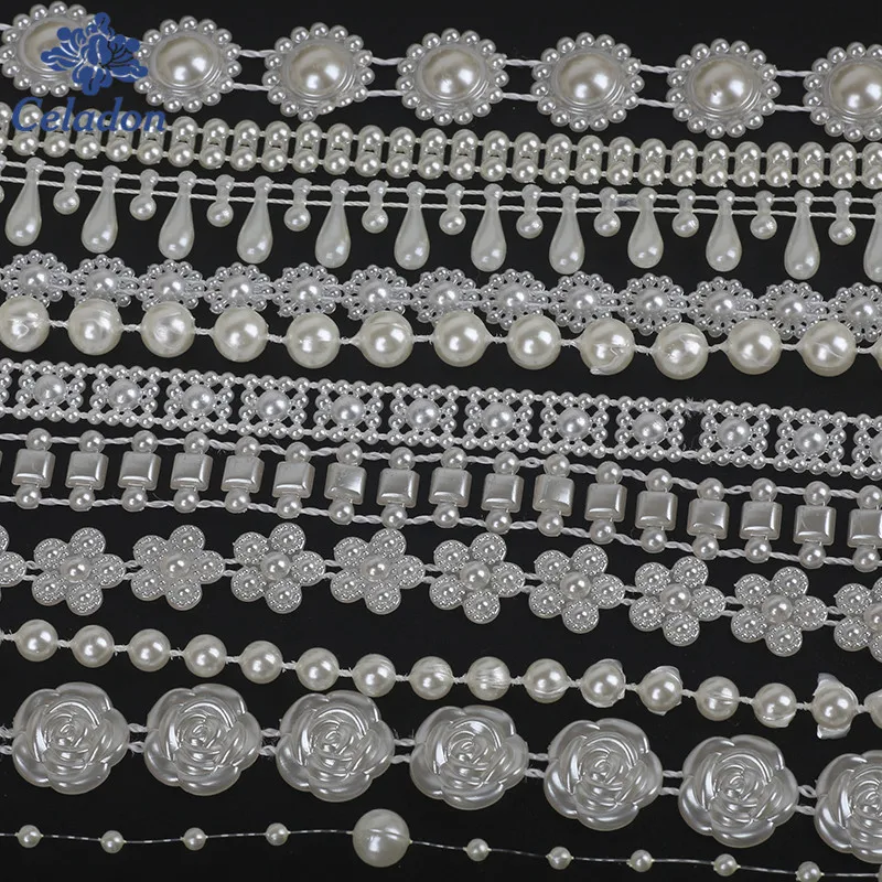 Оптовая продажа 1/10yd имитация жемчуга бисер цепь швейная аппликация лента для