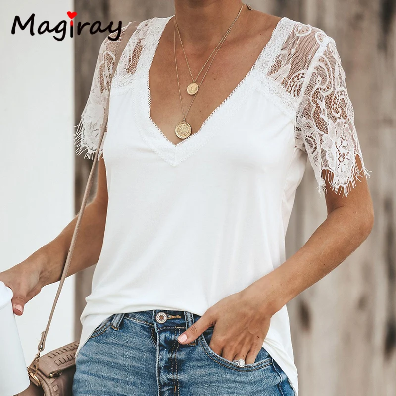 

Magiray Lace Sleeve Sexy Deep V Neck T Shirt Women 2021 Summer New Fashion Loose Tumblr Red Tee Shirt Female Casual Top C115