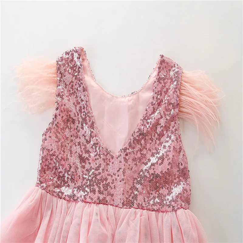 Toddler Baby Girl Princess Kid clothes round neck sleeveless Tassel Tulle Polyester backless Sequin Party Mini Dresses one piece | Детская