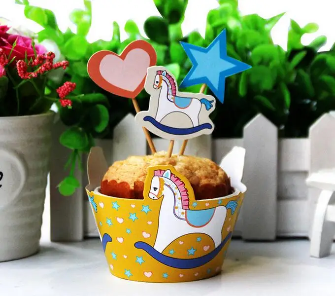 120 шт./лот обертки желтой лошади и топперы медиаторы для украшения торта на день