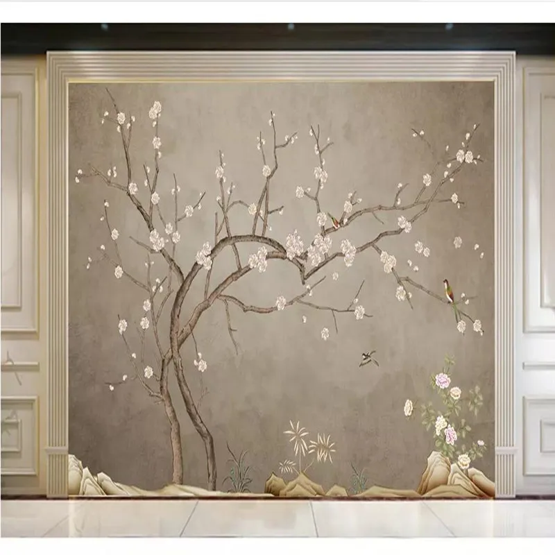 Пользовательские обои серый новый китайский ручная роспись цветы и птицы сливы