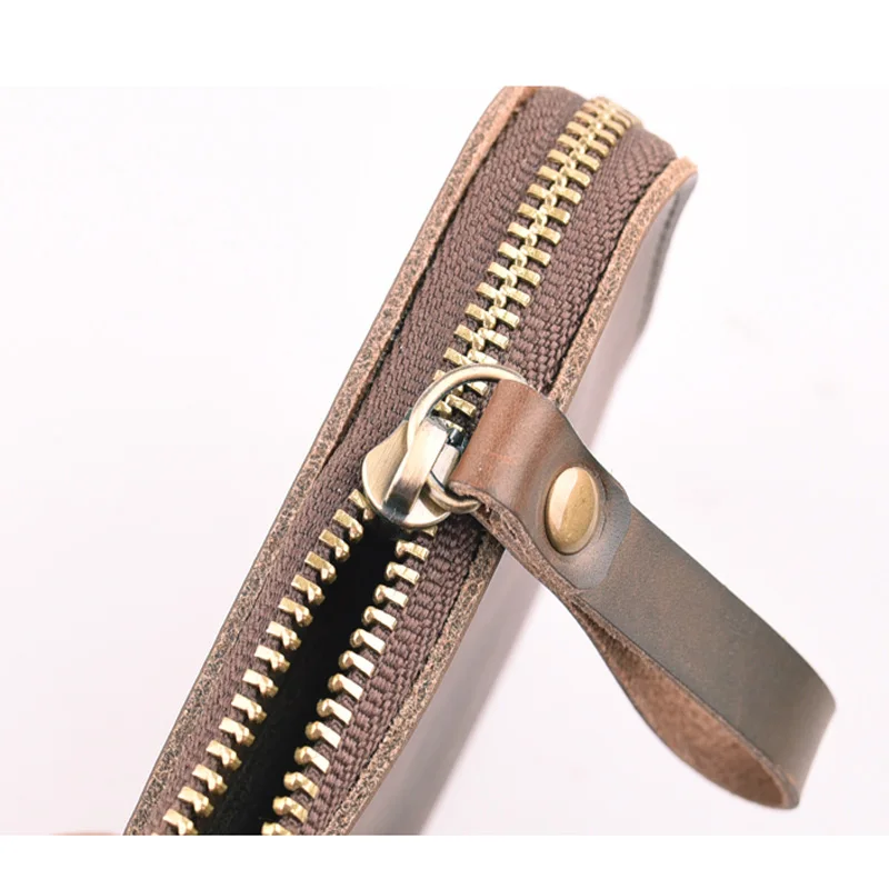 Мужской маленький кошелек на молнии ручной работы из кожи Crazy Horse с карманом для