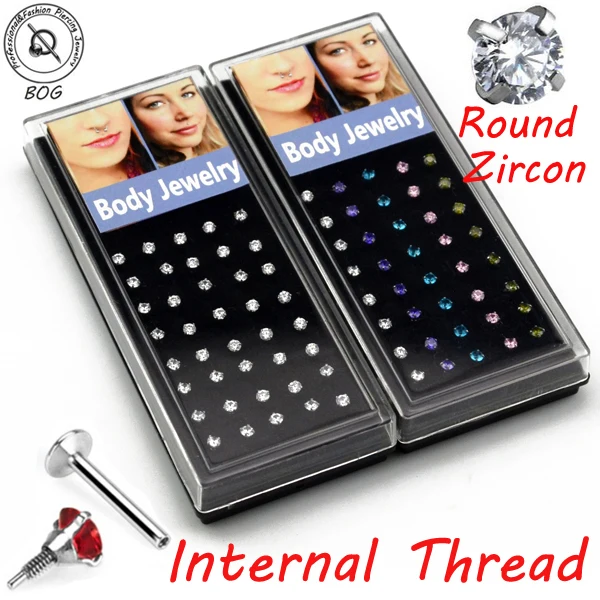 BOG-316L набор зубцов из хирургической стали CZ Циркон драгоценный камень внутренняя нить Лабрет Монро кольцо для губ уха серьги-гвоздики для козелка серьги-гвоздики 16 г