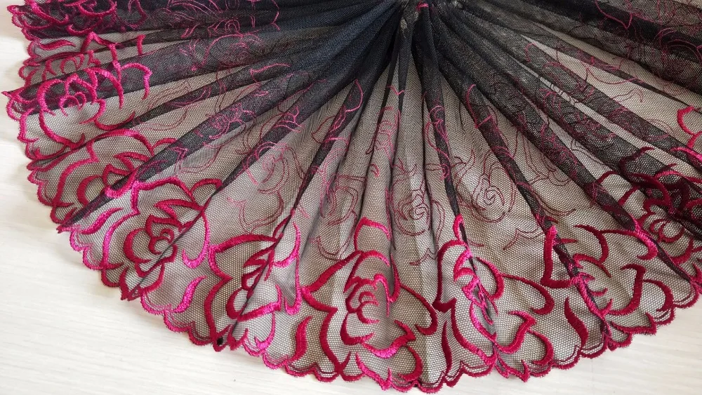 2 ярда кружевная отделка горячие розовые цветы вышитые черные тюлевые кружева