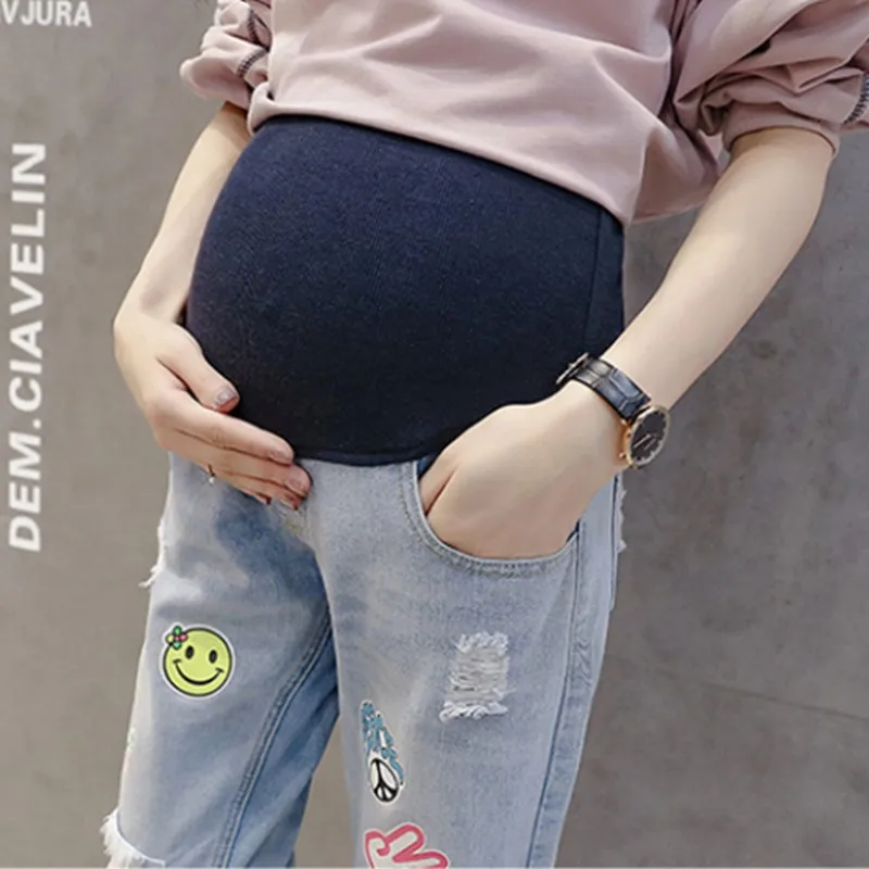 Kobeinc Spring High-stretch Pregnant Women Jeans Summer Fashion Printing Hole Maternity Pants Clothes For | Мать и ребенок