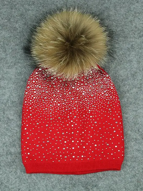 red KUE019 Natural Fur Pom pom Knitted Hat Winter Wool Women Genuine Fur Ball Bobble Knit Beanies Bonnet Bones Skullies Rhinestone - Color: red