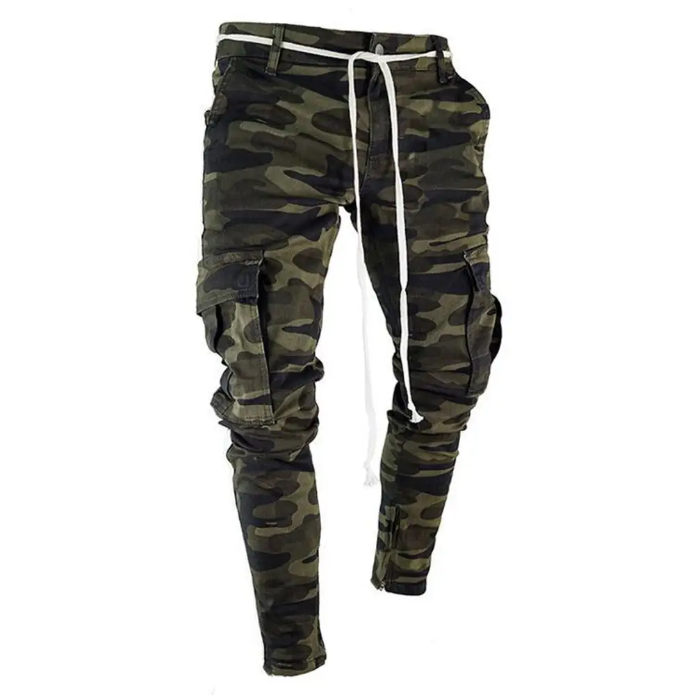 Camouflage Страуса узкие джинсы для мужчин тощий талии камуфляж высокой упругой джинсы мужские брюки молния плиссированные летние быстросохнущие - Цвет: Camouflage