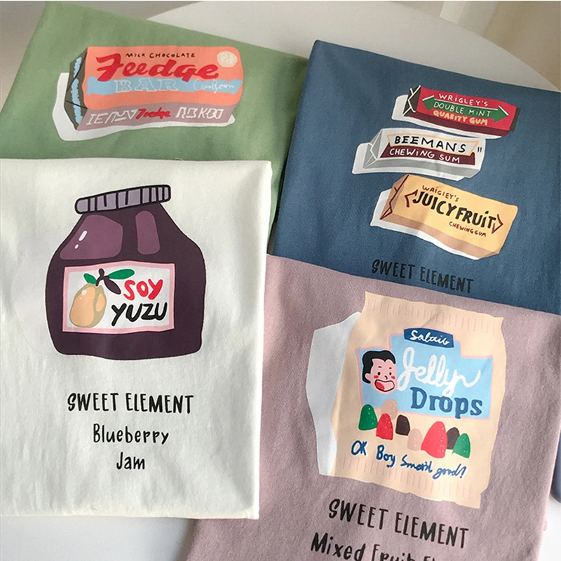 Женская Одежда Японские закуски мультфильм печати Топы И Футболки Сладкий