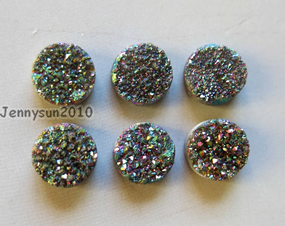 

10mm Metallic Multi-Colored (No Hole) Druzy Quartz Ag-ate Flat Back Connector Round Cabochon Beads Jewelry 10 Pcs /Pack