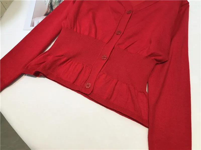 JOYDU Korean Fashion Cardigan Sweater Female 2019 New Elegant Lady V-neck High Waist Ruffles Knitted Top Sweaters for Women |