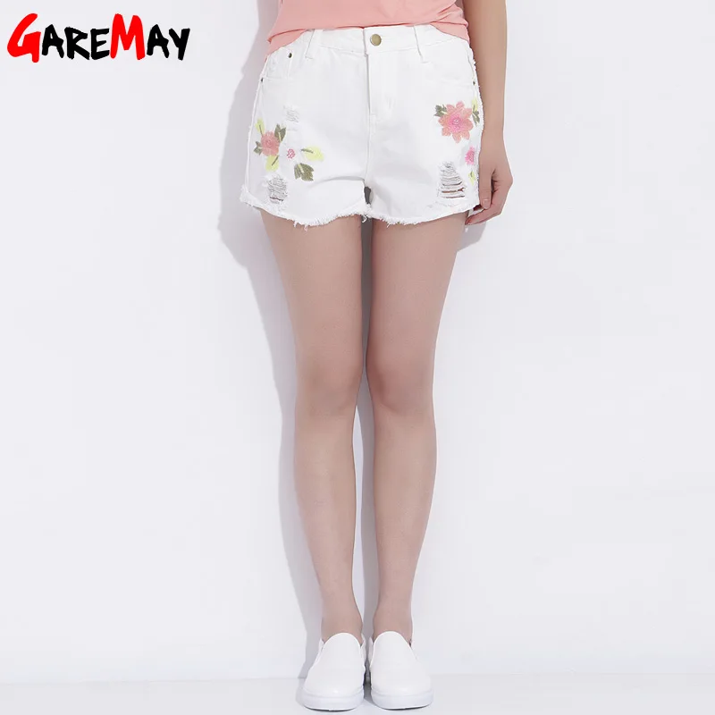 Для женщин рваные шорты из денима белая вышитая 2017 Короткие джинсы Femme летние
