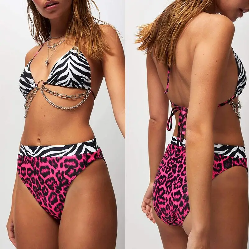 Женский купальник Mossha леопардовое бикини с высокой талией и пуш-апом летняя