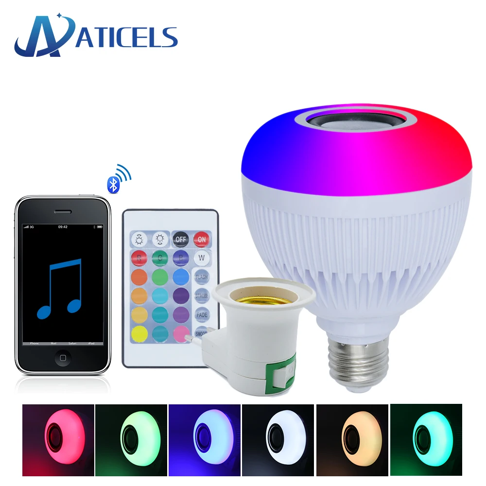Смарт Bluetooth Динамик E27 светодиодный лампа RGB+ белый 12 Вт работы в режиме воспроизведения музыки светодиодный светильник с 24 кнопок пульта дистанционного управления, Управление для вечерние ночной Светильник