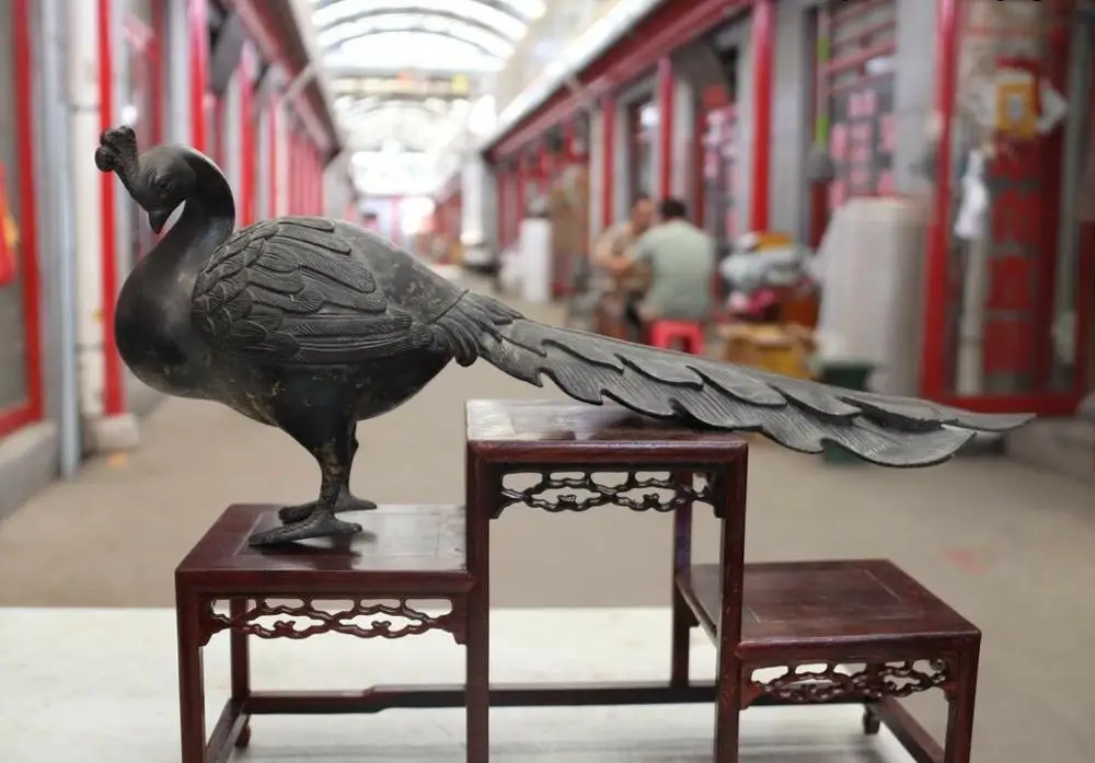 

China Dyansty Palace Bronze Copper Fengshui Bird Peacock Peacocks Peafowl Statue