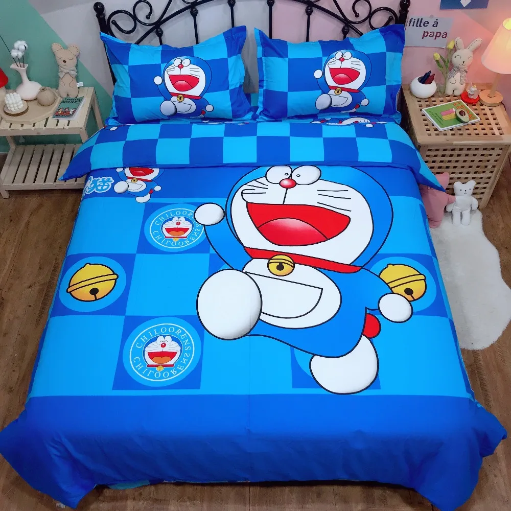 Постельное белье с аниме набор Doraemon Дети чистый хлопковое стеганное одеяло двойной королева король милый пододеяльник плоский лист музыка постельное белье