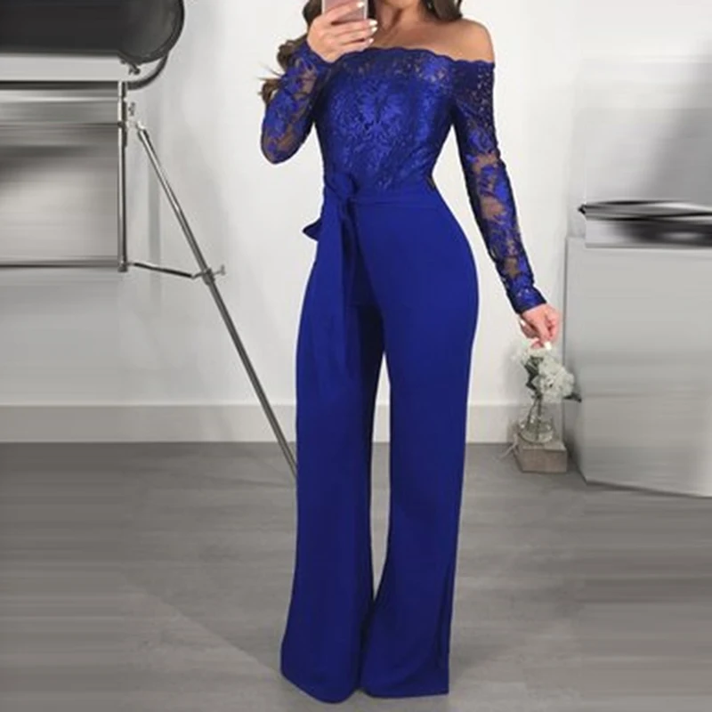 Summer Jumpsuit Off Shoulder Slash Neck Lace Patchwork Women Elegant Slim Wide Leg | Женская одежда