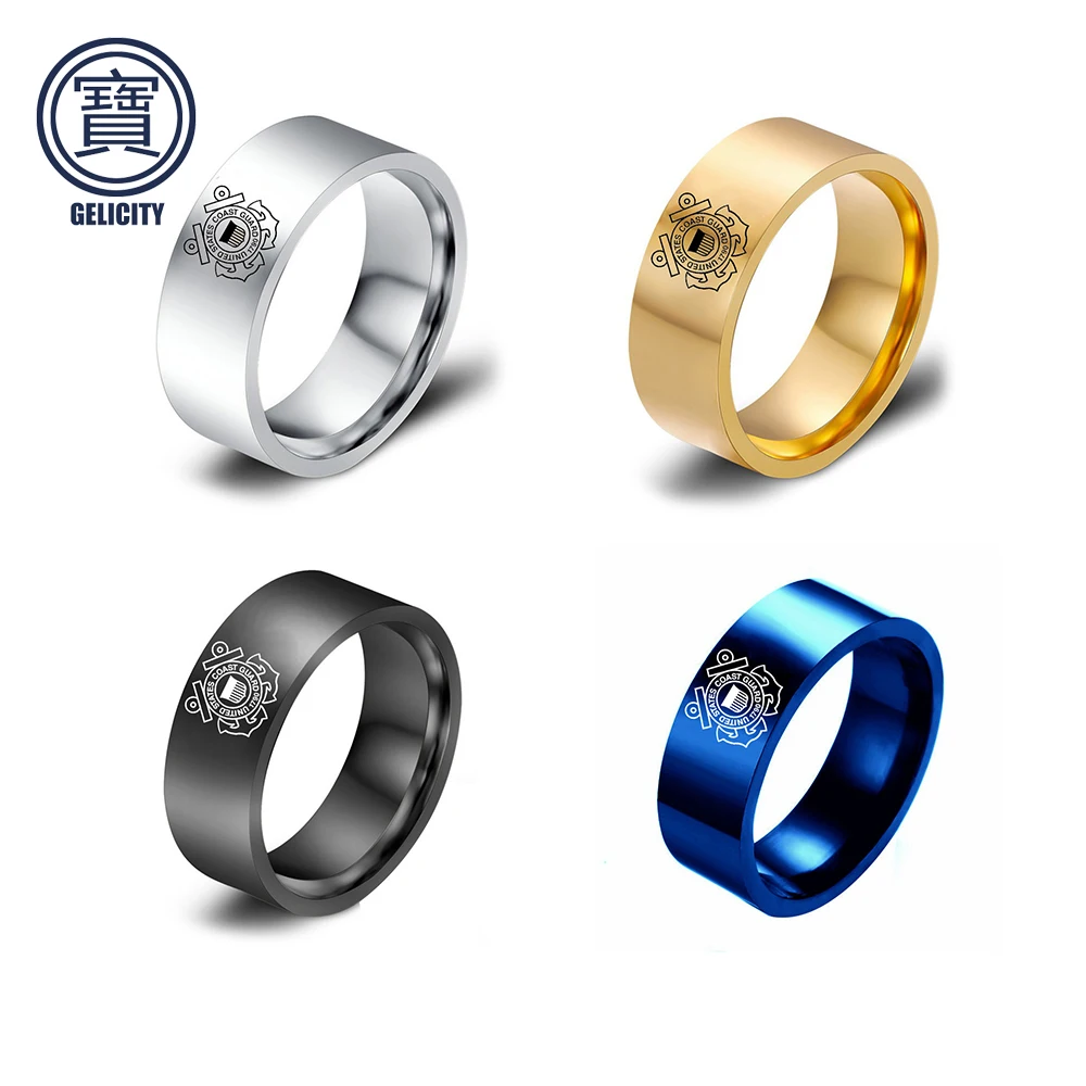 GELICITY Black&amp Gold&ampBlue Titanium Steel Coast Guard Ring 1PC Male Allion Personalize Rings For Man | Украшения и