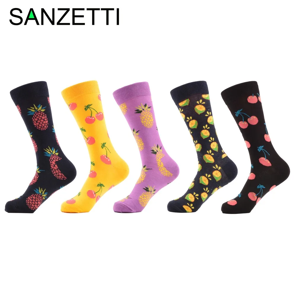 Sanzetti 5 пара/лот Мужская Веселые красочные чесаный хлопковые носки фрукты Аргайл