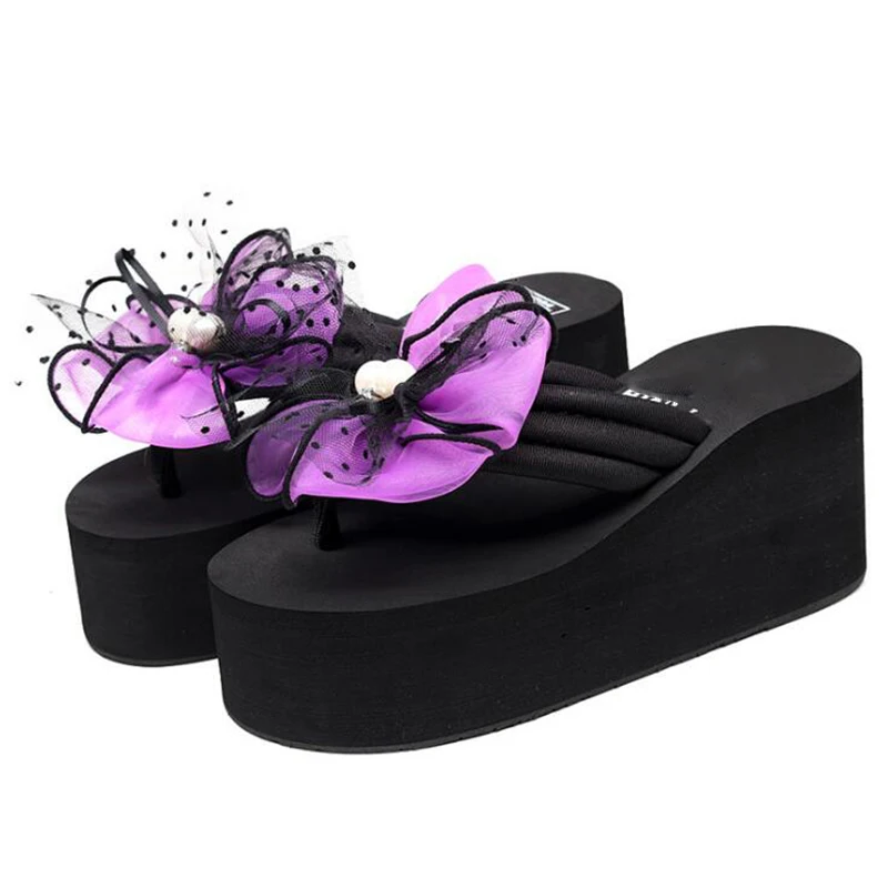 Женские пляжные шлепанцы Нескользящие сандалии на платформе с большим бантом