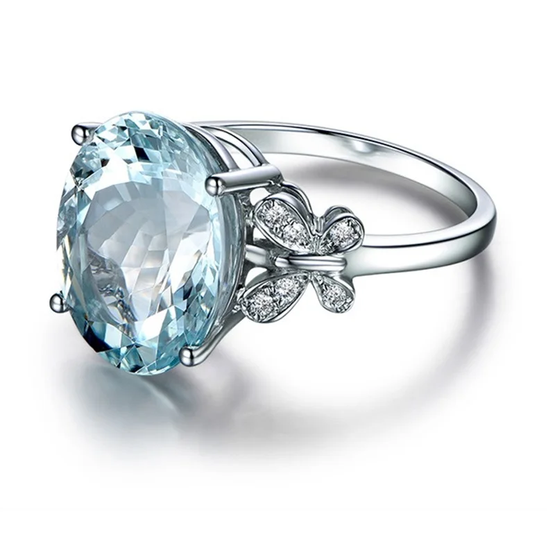 

OMHXZJ Wholesale European Fashion Woman Man Party Wedding Gift Oval White Light Blue Topaz AAA Zircon 18KT White Gold Ring RR647