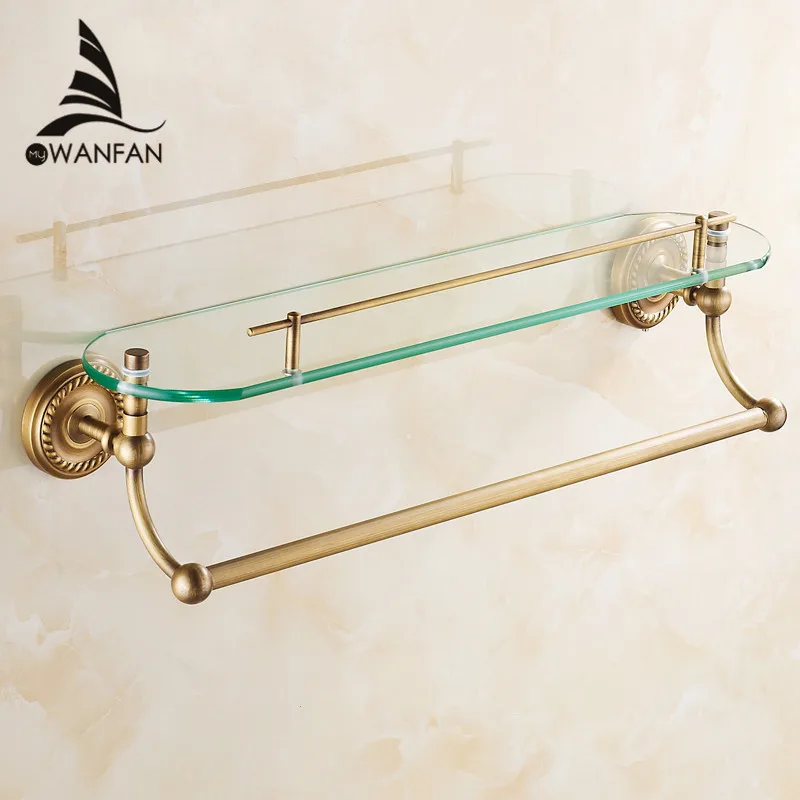 

Bathroom Shelves Single Tempered Glass Antique Brass Towel Bar Cosmetic Racks Hanger Storage Home Deco Bath Wall Shelf HJ-1313