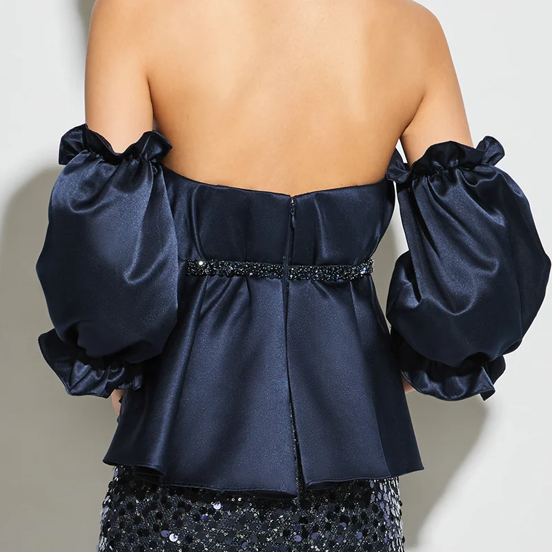 Короткое коктейльное платье футляр Tanpell темно синее без бретелек выше колена