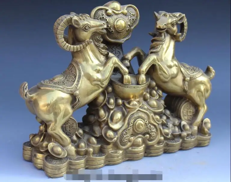 

Free shipping S01957 15" Chinese Bronze Zodiac Year 2 Sheep Goat Wealth Money Yuan Bao Ru Yi Statue