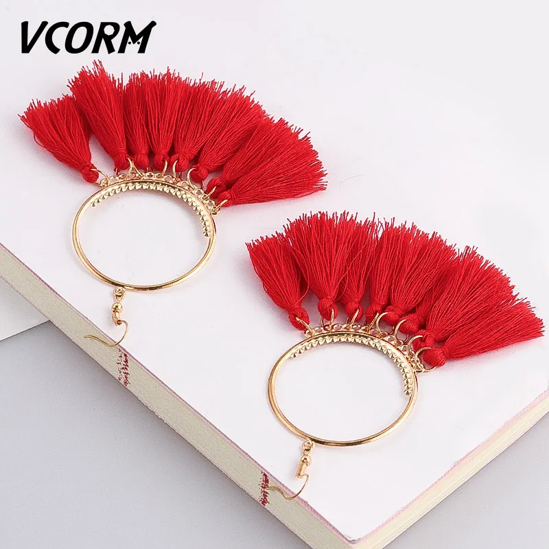 Red VCORM, богемные серьги с кисточками, большие висячие серьги для женщин, модные ювелирные изделия, серьги, красный, черный, хлопок, шелк, ткань, бахрома, серьги, подарок - Окраска металла: Red
