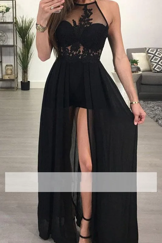 

Black Prom Dresses A-line High Slit Chiffon Lace See Through Party Maxys Long Prom Gown Evening Dresses Robe De Soiree